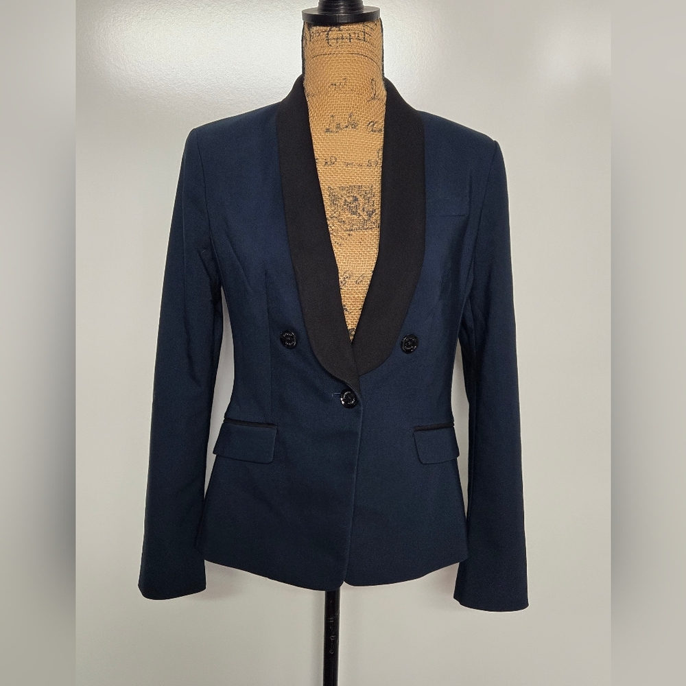 Express One-Button Fitted Blazer Jacket Sz 6 Dark Slate Teal w Black Collar